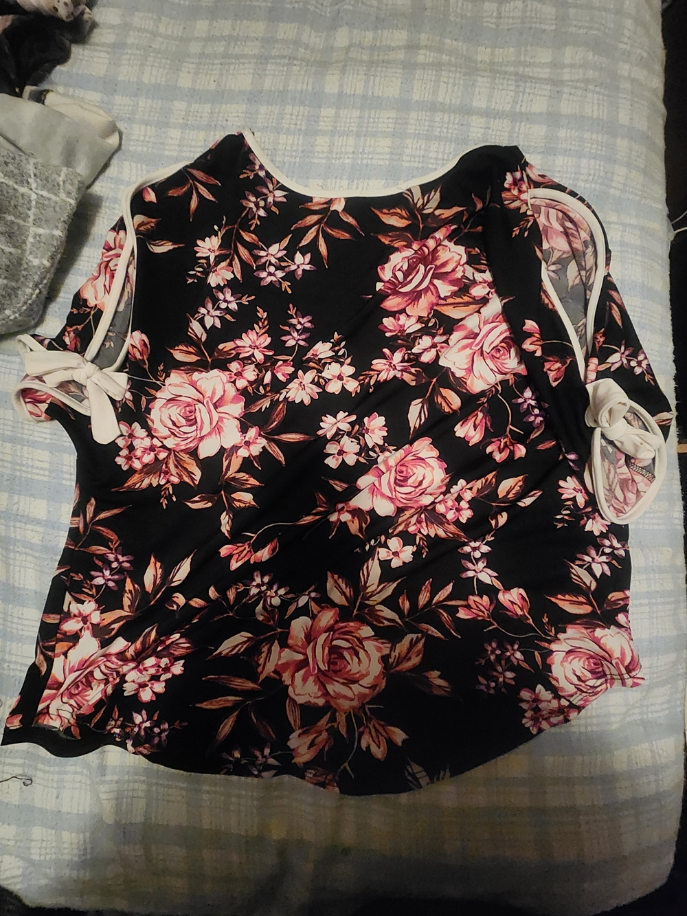 Hamilton Black Floral Cold-Shoulder Blouse with Pink Roses